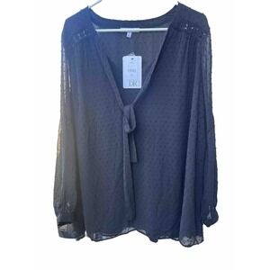 DR2 Womens Peasant Blouse Black Sheer Long Sleeve Smocked Boho 2X New
